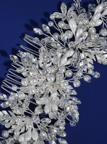 1pc Women's Gypsum Flower Shaped Hair Comb With Rhinestone & Leaf & Faux Pearl & Crystal For Bridal Elegant Tiaras Valentine's Day Accessories - Silver - View 8