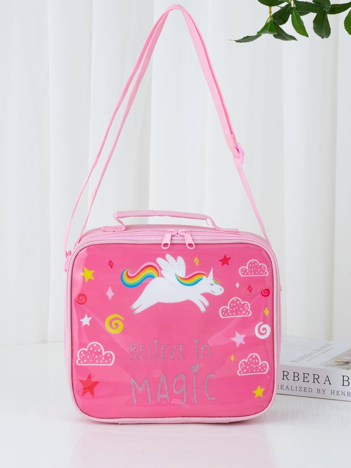 1 Kỳ Lân & Đồ Họa Chữ Túi Đựng Đồ Ăn Trưa, phim Hoạt Hình Hình Thú & Đồ Họa Chữ Có Thể Tái Sử Dụng Túi Đựng Đồ Ăn Trưa Cho Văn Phòng Làm Việc Trường Dã Ngoại Bãi Biển - Hồng - Xem 1