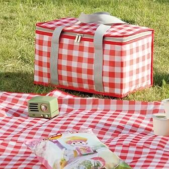 1入組格紋圖案野餐現代滌綸多功能野餐籃子適用於野營