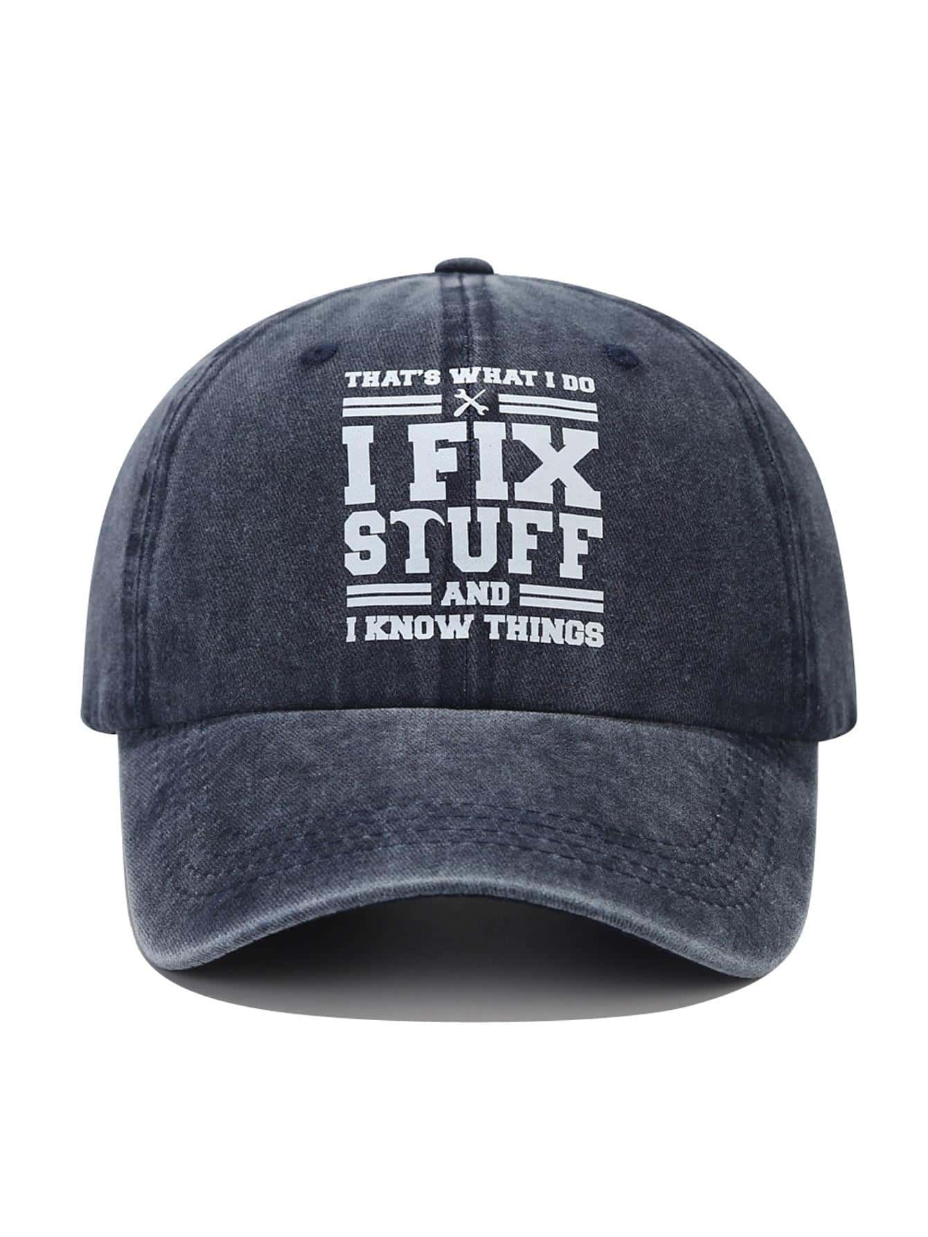 Gorro de béisbol lavado y desgastado con impresión de letras "I Fix Stuff And I Know Things" para hombres, gorra de béisbol vintage de moda casual con borde suave, gorra de sol para papá, gorra de béisbol para hombres, Top 100, Nueva llegada - Azul Marino - Ver 1