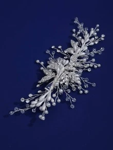 1 Gorgeous Diamond Leaf Decorated Hair Clip, Crystal Faux Pearl Handmade Bridal Hair Accessory, Suitable For Weddings And Parties - Silver - View 4
