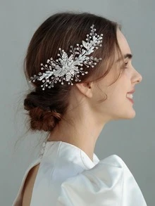 1 Gorgeous Diamond Leaf Decorated Hair Clip, Crystal Faux Pearl Handmade Bridal Hair Accessory, Suitable For Weddings And Parties - Silver - View 1
