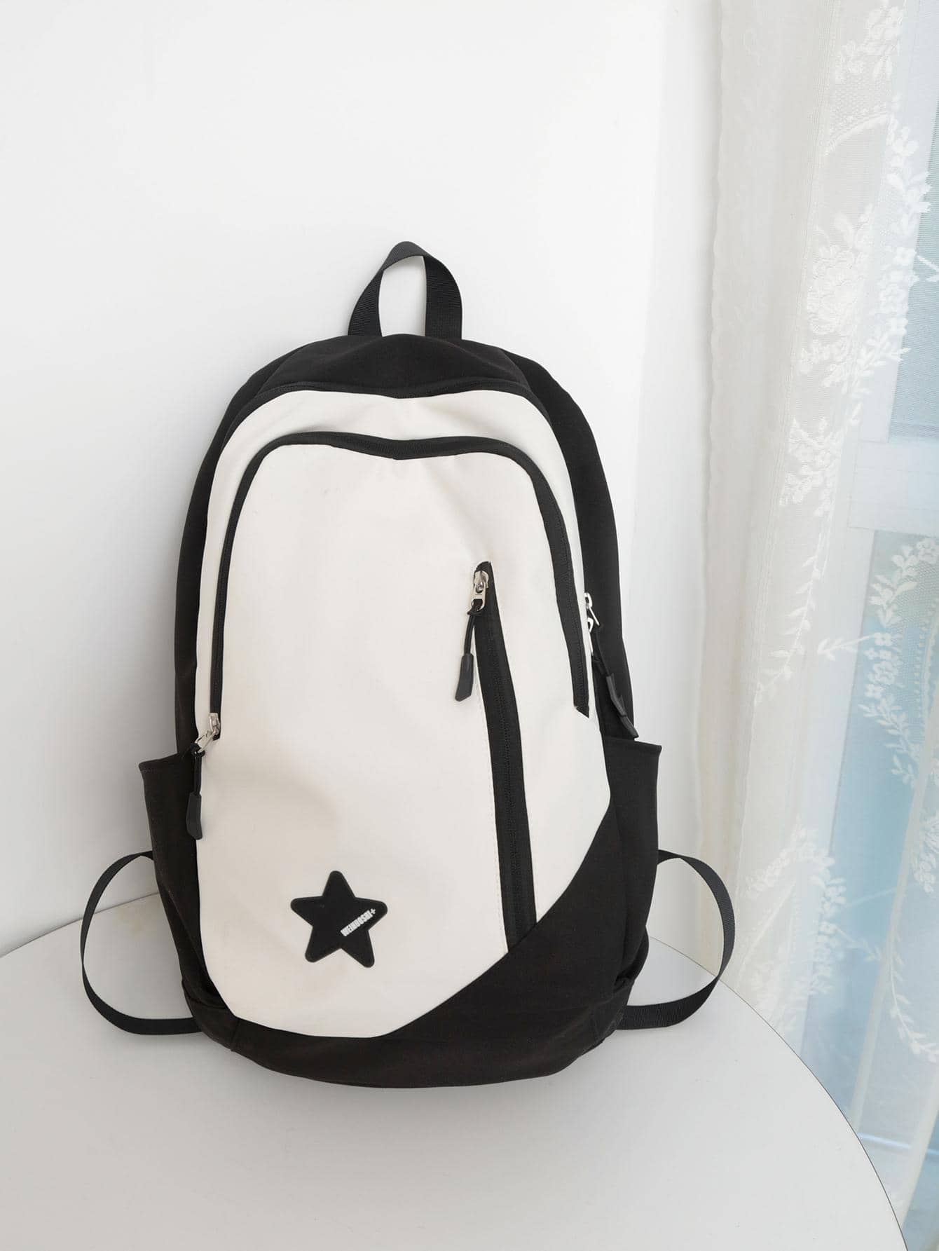 WEINUOSHI 星星貼布裝飾休閒背包拉鍊雙色書包後背包電腦包書包中學學生大學學生適用於學校商業,戶外,遠足,旅行 - 黑色 - 查看 1