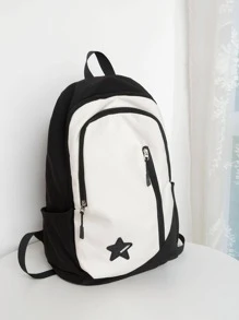 WEINUOSHI 星星貼布裝飾休閒背包拉鍊雙色書包後背包電腦包書包中學學生大學學生適用於學校商業,戶外,遠足,旅行 - 黑色 - 查看 2