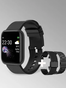 1 reloj deportivo inteligente correa de silicona negra, con control del ritmo cardíaco y seguimiento del sueño, esfera cuadrada, con correa de reloj de 2 piezas, para decoración diaria - Negro - Ver 2