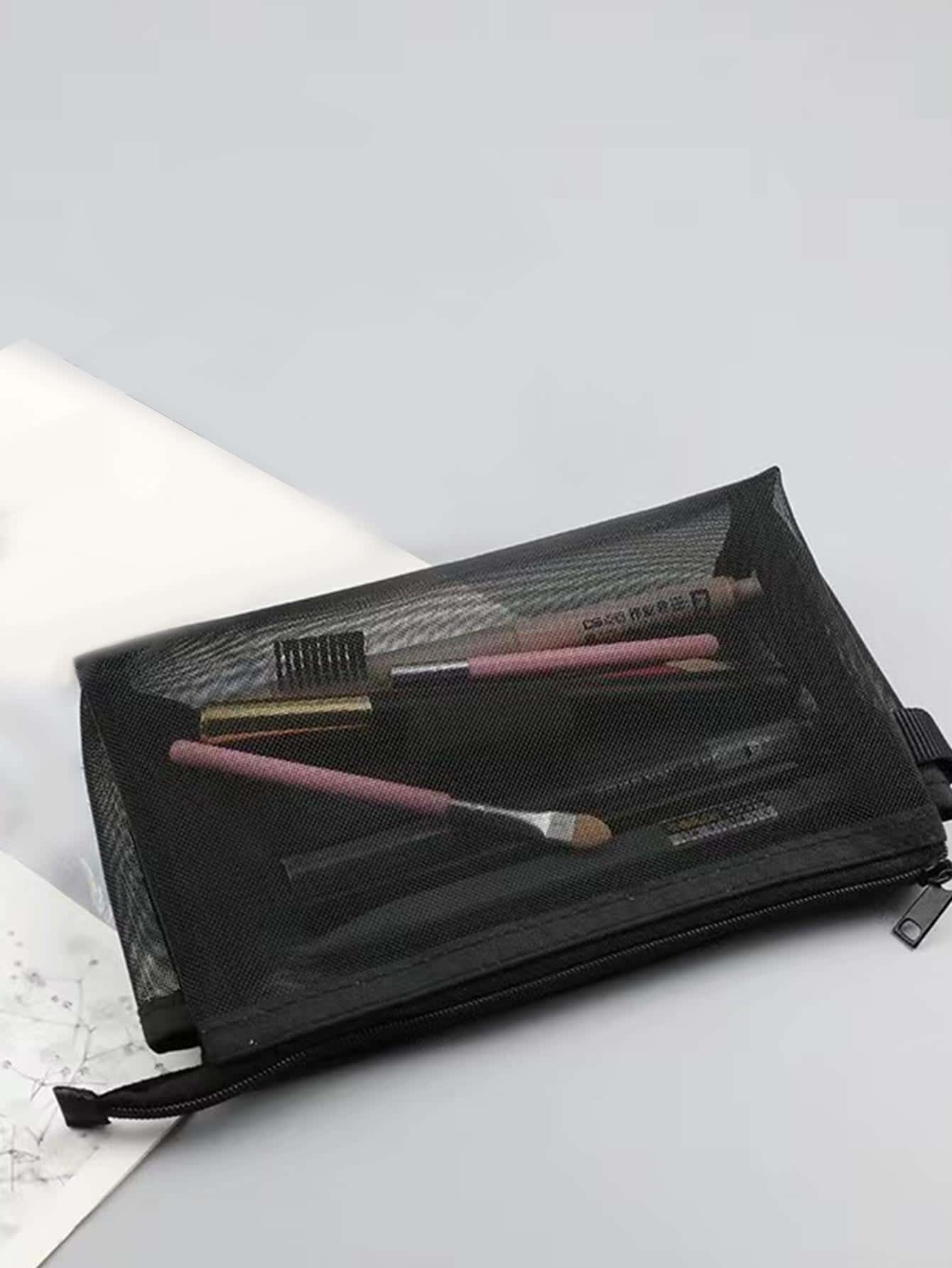 Túi đựng bút dạng lưới 1pc, Túi đựng bút di động hiện đại dành cho học sinh - màu đen - Xem 1