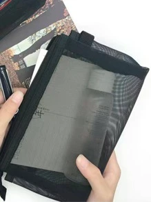 Túi đựng bút dạng lưới 1pc, Túi đựng bút di động hiện đại dành cho học sinh - màu đen - Xem 2