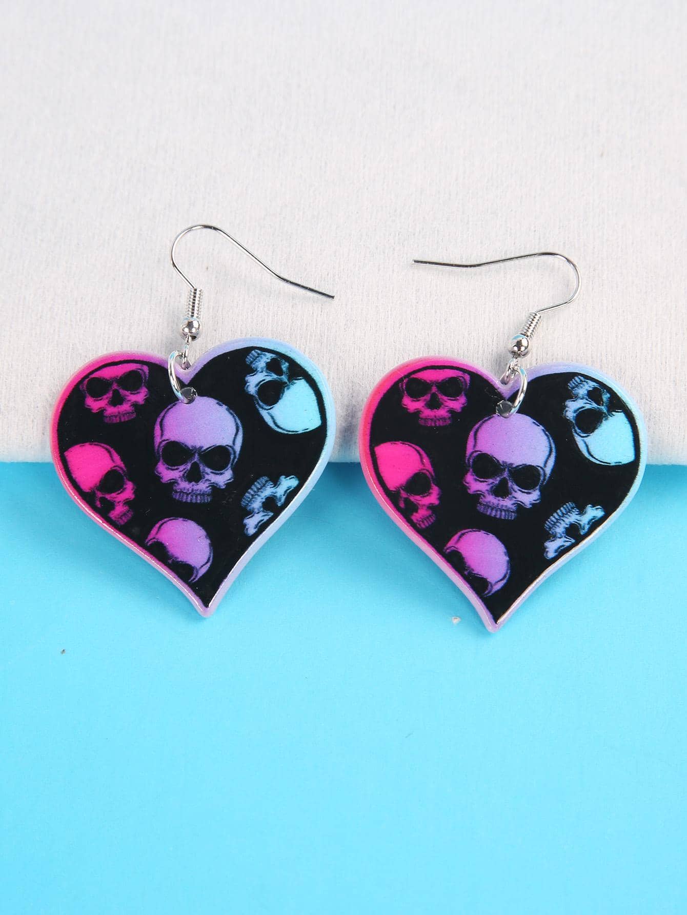 Skull Pattern Heart Drop Earrings - Multicolor - View 1