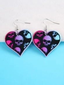 Skull Pattern Heart Drop Earrings - Multicolor - View 4