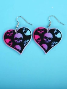 Skull Pattern Heart Drop Earrings - Multicolor - View 3