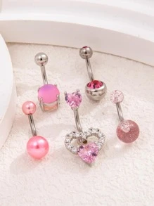 5pcs/Set Stainless Steel Sparkling Ball, Faux Pearl, Cubic Zirconia Decor Heart Shape Belly Button Rings In Pink Color