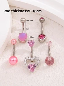 5pcs/Set Stainless Steel Sparkling Ball, Faux Pearl, Cubic Zirconia Decor Heart Shape Belly Button Rings In Pink Color