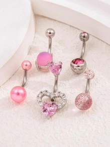 5pcs/Set Stainless Steel Sparkling Ball, Faux Pearl, Cubic Zirconia Decor Heart Shape Belly Button Rings In Pink Color