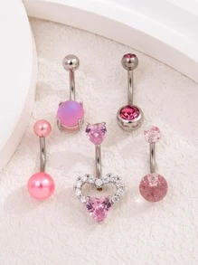 5pcs/Set Stainless Steel Sparkling Ball, Faux Pearl, Cubic Zirconia Decor Heart Shape Belly Button Rings In Pink Color