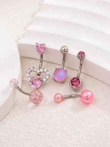 5pcs/Set Stainless Steel Sparkling Ball, Faux Pearl, Cubic Zirconia Decor Heart Shape Belly Button Rings In Pink Color