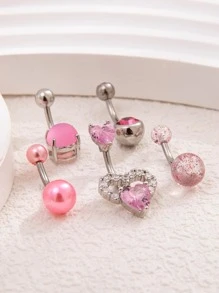 5pcs/Set Stainless Steel Sparkling Ball, Faux Pearl, Cubic Zirconia Decor Heart Shape Belly Button Rings In Pink Color