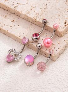 5pcs/Set Stainless Steel Sparkling Ball, Faux Pearl, Cubic Zirconia Decor Heart Shape Belly Button Rings In Pink Color