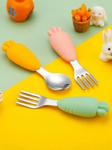 1set Carrot Shaped Spoon & Fork, Modern Portable Spoon & Fork Set For Home - Green - View 8