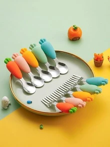 1set Carrot Shaped Spoon & Fork, Modern Portable Spoon & Fork Set For Home - Green - View 6