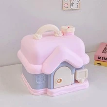 1pc House Shaped Money Box With Lock, Modern Plastic Coin Saving Box For Home - Pink - View 1