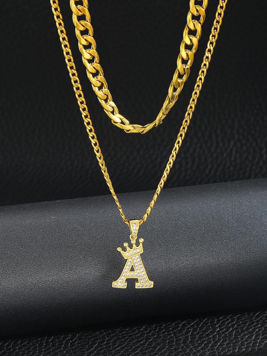 1套裝流行皇冠首字母項鍊不銹鋼鏈條雙層項鍊適合女士男士時尚街頭首飾類