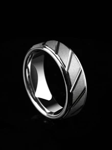 1pc Textured Metal Stainless Steel Ring - Silver - View 3