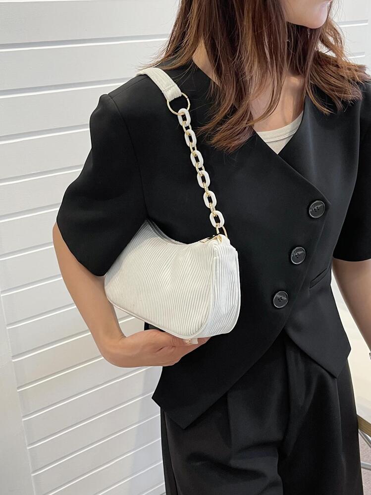 Bolso de correa de cadena de corduroy minimalista con cremallera, elegante para el día de San Valentín - Blanco - Añade 5
