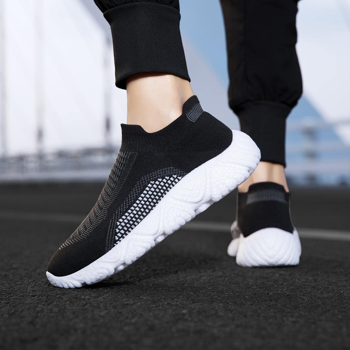 1pair Sporty Sneakers, Knit Slip-on Running Shoes