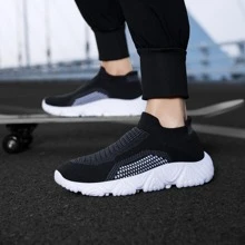 1pair Sporty Sneakers, Knit Slip-on Running Shoes