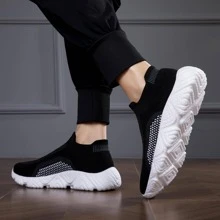 1pair Sporty Sneakers, Knit Slip-on Running Shoes