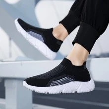 1pair Sporty Sneakers, Knit Slip-on Running Shoes
