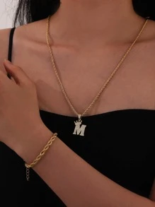一套不锈钢皇冠字母扭绳项链和手链套装，男女皆宜，日常佩戴，是友谊和生日礼物的理想之选。 - 金黃色 - 查看 2