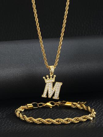 1 套不鏽鋼皇冠首字母扭繩鏈項鍊手鍊套裝男士女士日常首飾友誼和生日禮物