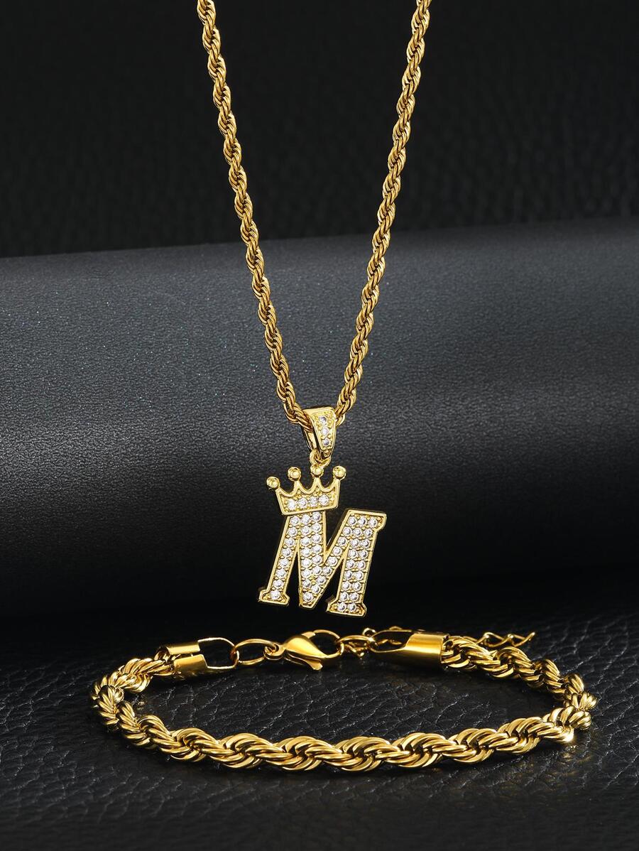 一套不锈钢皇冠字母扭绳项链和手链套装，男女皆宜，日常佩戴，是友谊和生日礼物的理想之选。 - 金黃色 - 查看 1