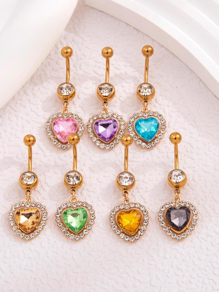Stainless Steel Plated Color Heart Shaped Belly Button Nails 7-piece Set - Multicolor - View 1