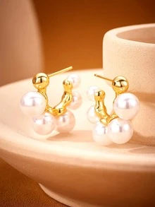 Faux Pearl Decor Hoop Earrings - Gold - View 2