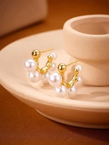 Faux Pearl Decor Hoop Earrings - Gold - View 3