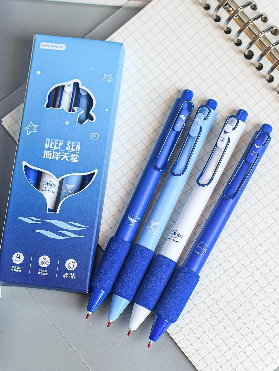 MOKA 4pcs Cá mập Cartoon & Đồ họa Chữ cái Bút Gel , Đơn giản Đa dụng Bút Bi Gel Đối với Học sinh - Màu xanh lam - Xem 1