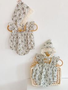 嬰兒1入組碎花荷葉邊連體衣和1入組帽 - 綠色 - 查看 7