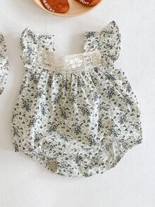 嬰兒1入組碎花荷葉邊連體衣和1入組帽 - 綠色 - 查看 2