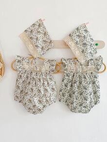 嬰兒1入組碎花荷葉邊連體衣和1入組帽 - 綠色 - 查看 9