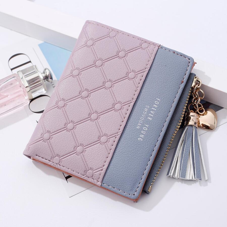 Ví gấp đôi họa tiết chữ Colorblock bỏ túi nhỏ Ví gấp đôi có khóa kéo dành cho nữ bằng da PU đựng thẻ tín dụng, thẻ căn cước, tiền mặt, thời trang tối giản, kinh doanh hiện đại, kỷ niệm ngày lễ tình nhân, quà tặng sinh nhật cho cặp đôi, phụ nữ, phụ nữ, quà tặng cho phụ nữ, ví, ví nhỏ