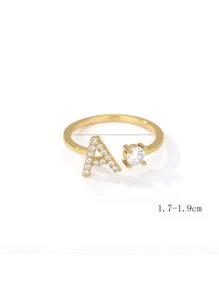 锆石首字母 A-Z 戒指，女士可调节开口戒指名字字母表女性婚礼珠宝礼物﻿ - 金黃色 - 查看 9