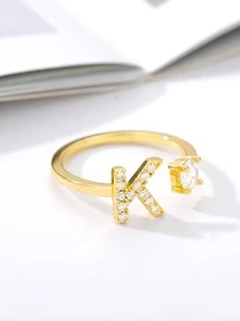 锆石首字母 A-Z 戒指，女士可调节开口戒指名字字母表女性婚礼珠宝礼物﻿ - 金黃色 - 查看 8