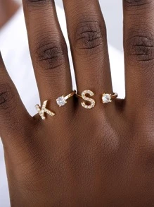 锆石首字母 A-Z 戒指，女士可调节开口戒指名字字母表女性婚礼珠宝礼物﻿ - 金黃色 - 查看 2