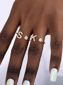 锆石首字母 A-Z 戒指，女士可调节开口戒指名字字母表女性婚礼珠宝礼物﻿ - 金黃色 - 查看 3