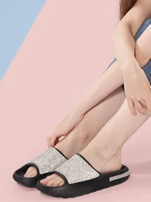 大码女士夏季时尚凉鞋闪亮钻石装饰拖鞋，黑色卡通印花女士拖鞋 - 黑色 - 查看 2