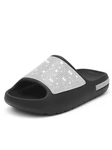 大码女士夏季时尚凉鞋闪亮钻石装饰拖鞋，黑色卡通印花女士拖鞋 - 黑色 - 查看 4