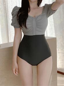 Bañador una pieza de dos tonos fruncido con falda de playa - Gris - Ver 3