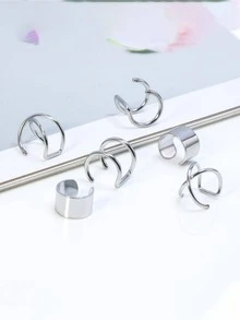 6件套金色耳夹耳环，女士无耳洞轻巧可调节低过敏性假耳骨耳廓耳环套装，珠宝 - 銀色 - 查看 3